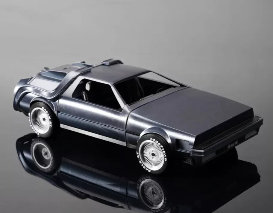 Bambu Lab PLA Silk+ printed DeLorean model with a chrome-like silver silk finish