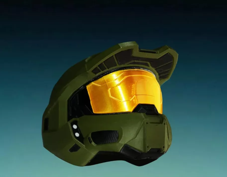 Bambu Lab PLA Silk+ printed Master Chief helmet in gold showing strong, glossy layers