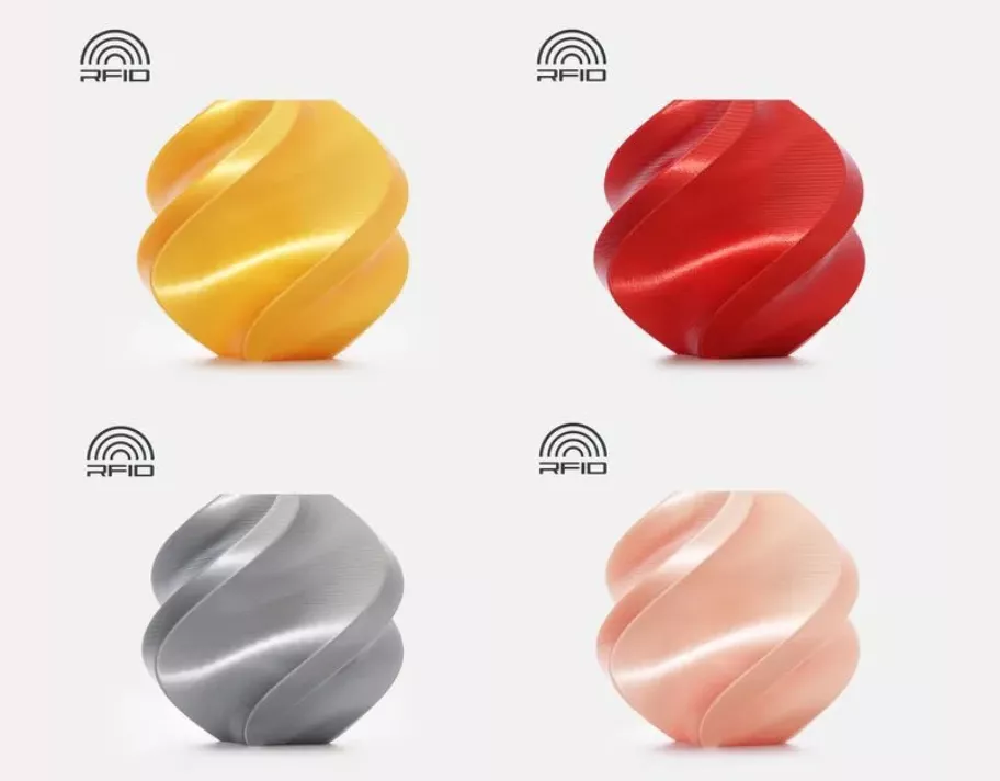 Bambu Lab PLA Silk+ vases in Gold, Candy Red, Silver and Pink
