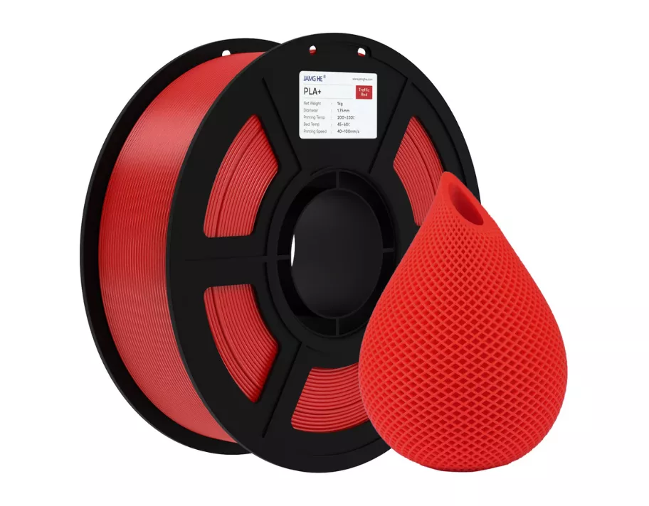 Jamghe PLA+ red filament spool with a mesh-textured 3D print