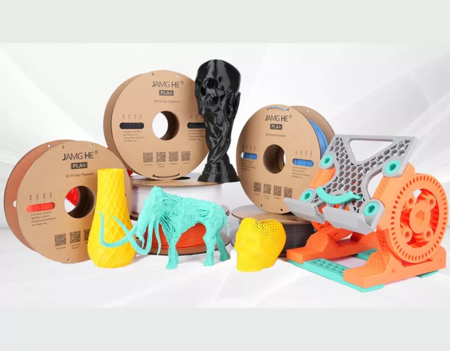 A grid of Jamghe PLA+ filament spools in yellow, green, orange, blue, red and black