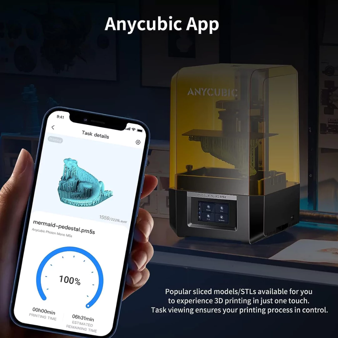 Anycubic Photon Mono M5s works seamlessly with Anycubic App for remote control